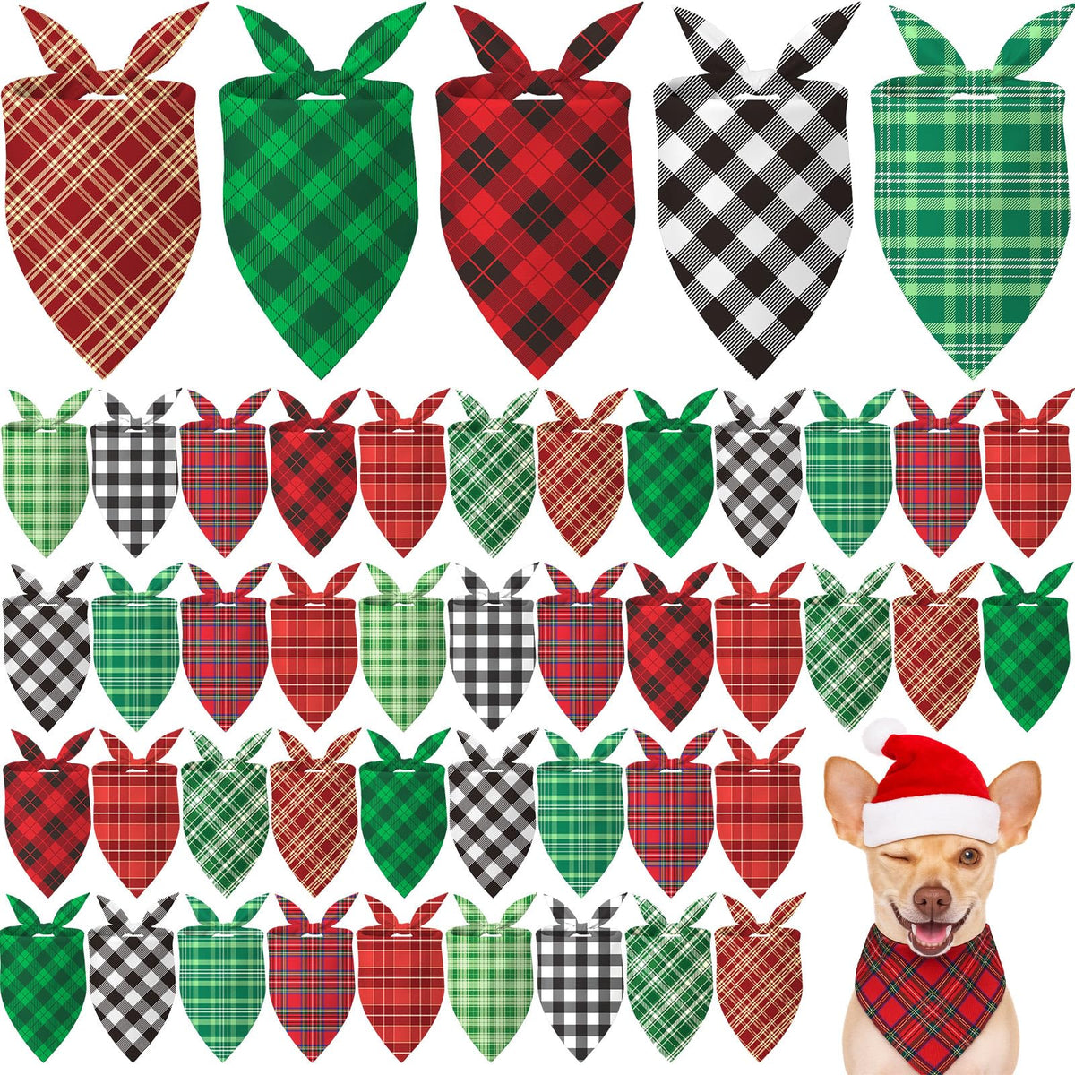Weewooday 50 Pcs Christmas Red and Green Plaid Dog Bandanas Bulk for Medium