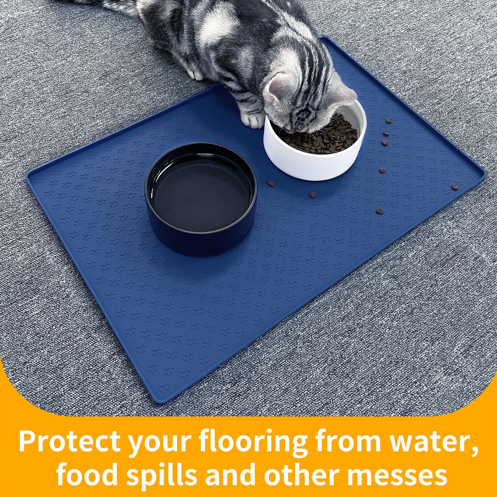 Ptlom Silicone Pet Placemat for Dog and Cat, Waterproof Non-Slip Pet Feeding Bowl Mats for Food and Water, Small Medium Large Tray Mat Prevent Residues from Spilling to Floor, Navy Blue, 24.5" 16.5"