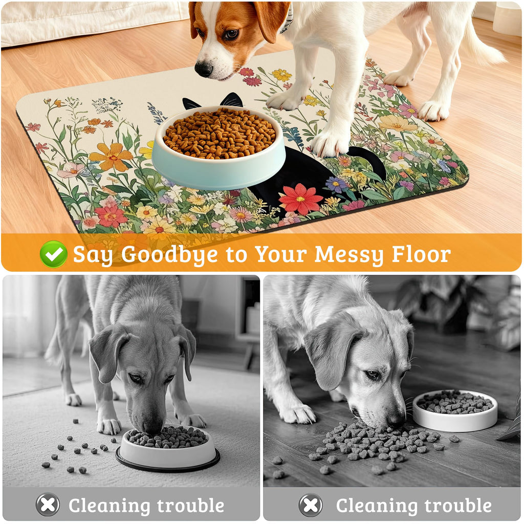 Dog Bowl Mat,Cat Black Pet Feeding Mat for Floors Waterproof,Color Flowers Absorbent Dogs Placemat for Food and Water Quick Dry Pet Cat Feeding Mats with Non Slip Bottom 12" x 20"