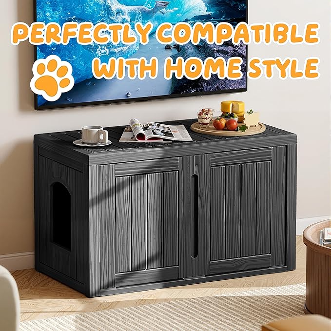 KFY Cat Litter Box Enclosure,Multi-Functional Hidden Litter Box Furniture Cabinet with Adjustable Partition & Side End Table, Indoor Outdoor Cat House with Double Doors,Easy to Clean & Assemble, Black
