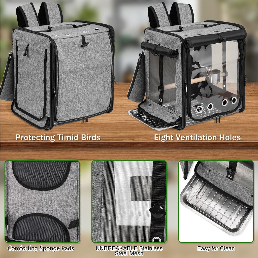 Suertree Bird Carrier with Seat Belt for Car Travel, Bird Backpack Carrier with Indestructible Stainless Steel Mesh, Large Bird Carrier Travel Cage, Grey