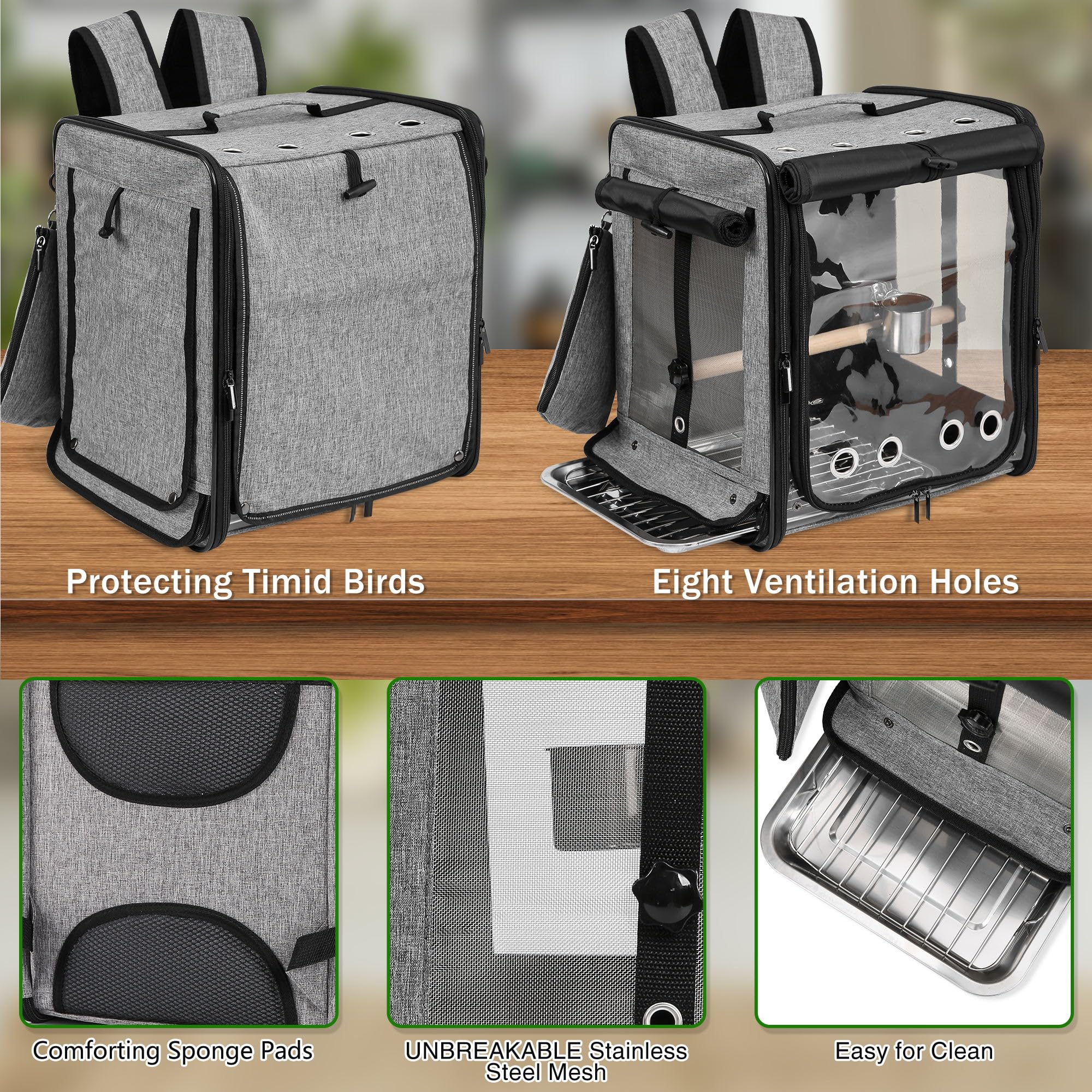 Suertree Bird Carrier with Seat Belt for Car Travel, Bird Backpack Carrier with Indestructible Stainless Steel Mesh, Large Bird Carrier Travel Cage, Grey
