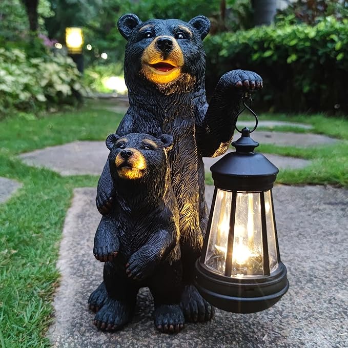 RCTTICUU Black Bear Solar Lantern Garden Statues，Loving Bear Figurine Lights for Outside Decoration,Lawn Outdoor Decor for Patio,Balcony,Yard-Unique Gift for Grandma Wowen Mom