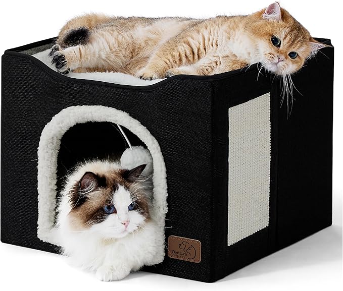 Bedsure Cat House Bed for Indoor Cats with Fluffy Ball and Scratch Pad