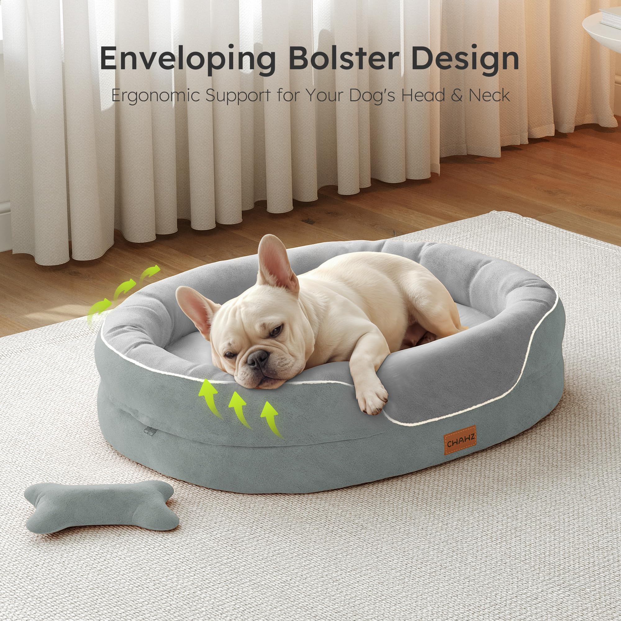 CWAWZ Large Orthopedic Dog Bed, 36 in. Dog Bed for Large Sized Dogs with Full-Surround Bolsters, Dual-Sided Dog Cooling Beds with Memory Foam, Washable Pet Sofa Couch with Nonslip Bottom, Light Grey