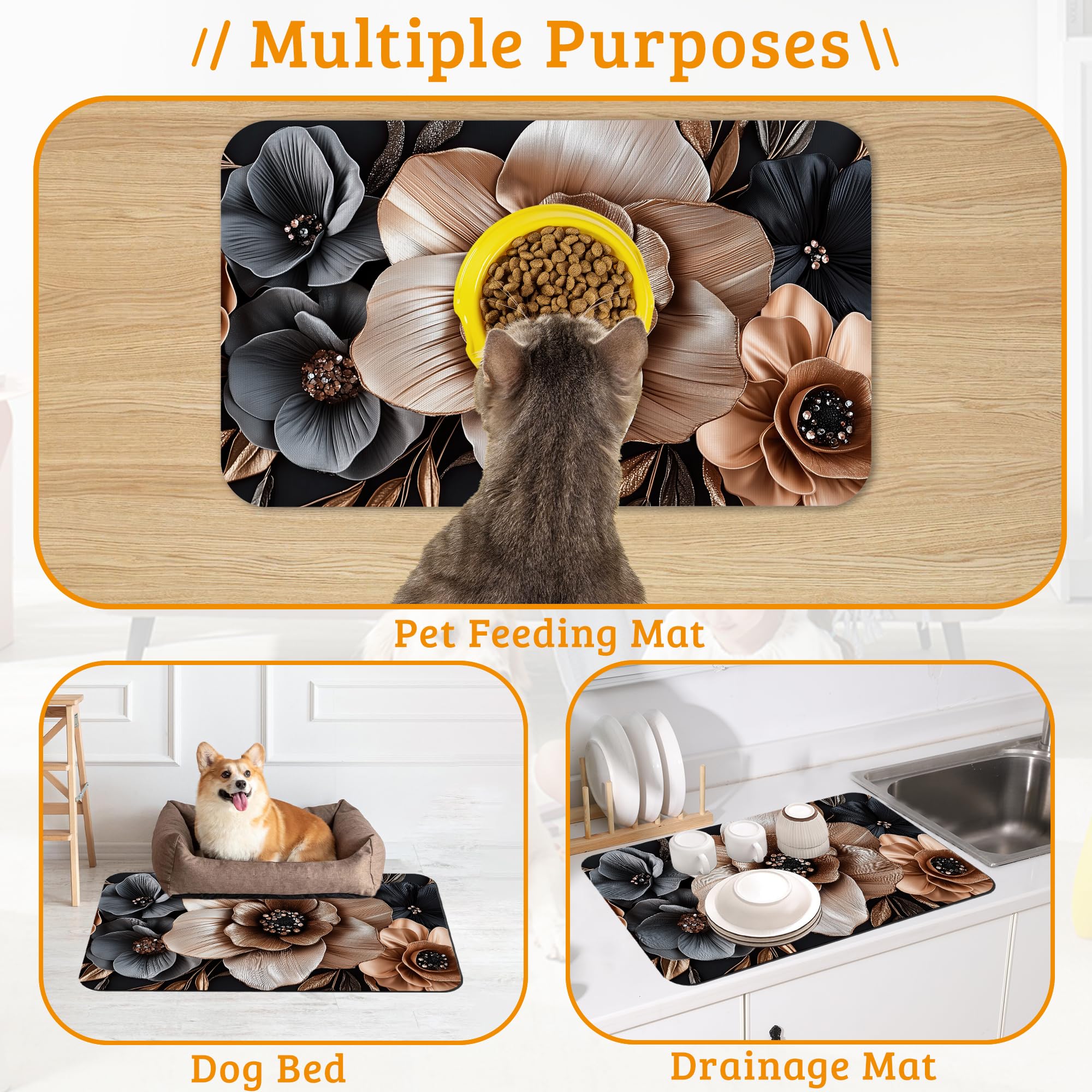 Black Brown Flower Feeding Mat,Artistic Absorbent Quick-Dry Cat Dog Food and Water Bowl Mats,Non-Slip Rubber Backing Mat,Cat Dog Accessories Supplies 12" x 20"