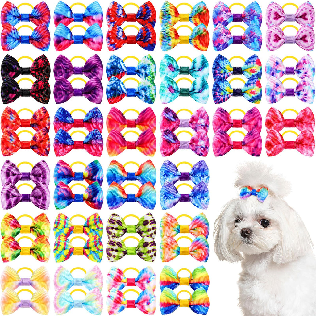 Shinylin 60 Pcs Cute Puppy Dog Hair Bows Small Bowknot Hair Bows with Rubber Bands Handmade Knot Accessories Pet Grooming Products for Holiday Birthday Gift(Tie Dye)