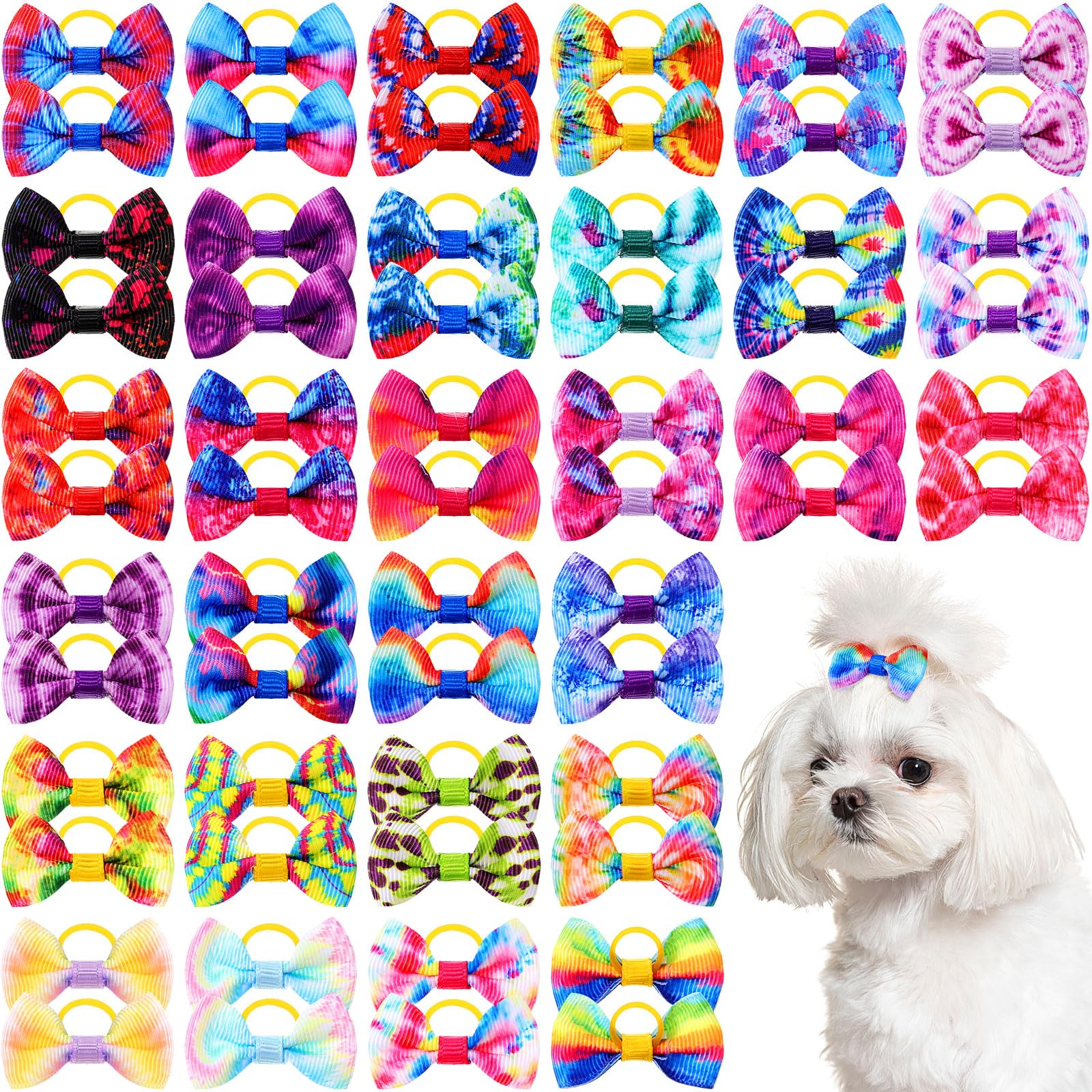 Shinylin 60 Pcs Cute Puppy Dog Hair Bows Small Bowknot Hair Bows with Rubber Bands Handmade Knot Accessories Pet Grooming Products for Holiday Birthday Gift(Tie Dye)