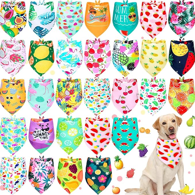 Eccliy 30 Pack Dog Bandanas Summer Bulk Fruit Dog Bandanas Adjustable Soft Triangle Scarf Washable Polyester Girl and Boy Pet Costume Bib with Fruit Patterns Large Pet Grooming Accessories Spring