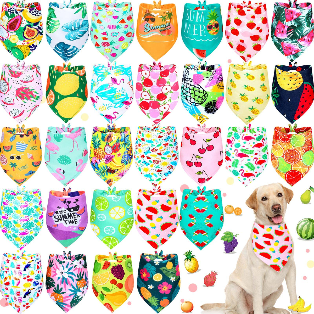 Eccliy 30 Pack Dog Bandanas Summer Bulk Adjustable Fruits XLarge Dog Scarfs
