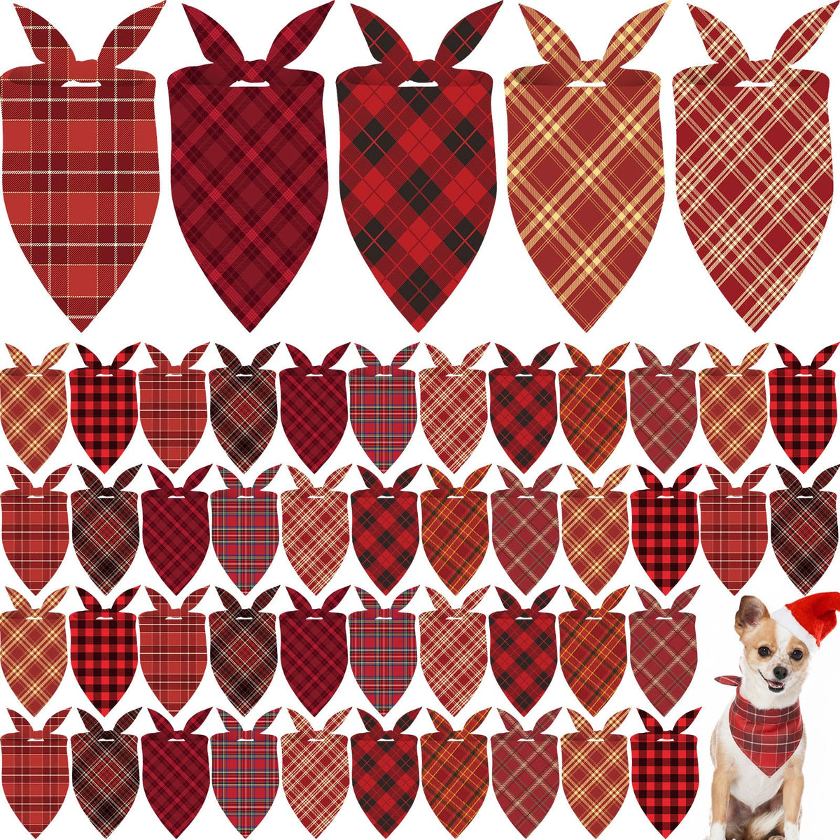 Weewooday 50 Pcs Christmas Red and Green Plaid Dog Bandanas Bulk for Medium