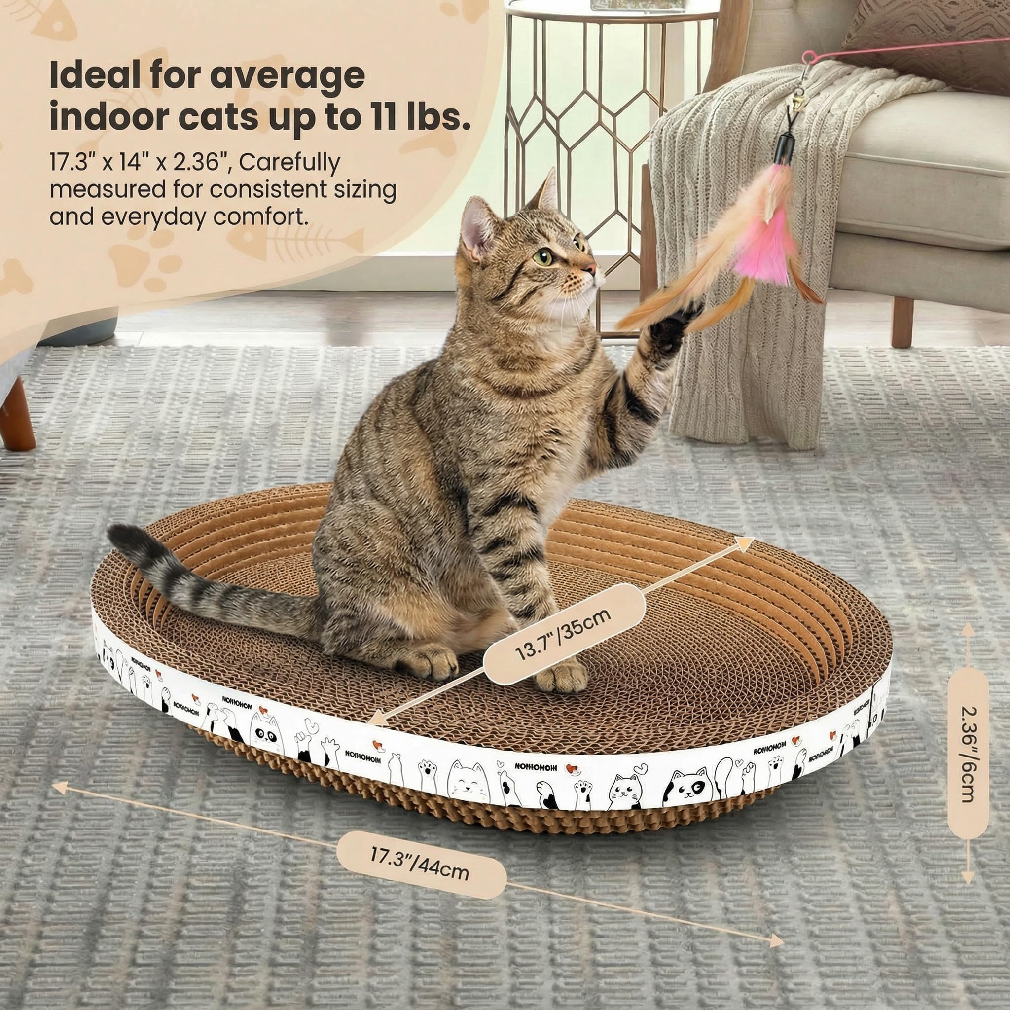 Romohom 3 Pack Oval Cardboard Cat Scratcher & Lounger Bed, High-Density Cat Scratching Board & Lounge Bed, Ergonomic Scratch Pads for Indoor Cats Claws Care, Furniture Couch Protector from Cat Claws