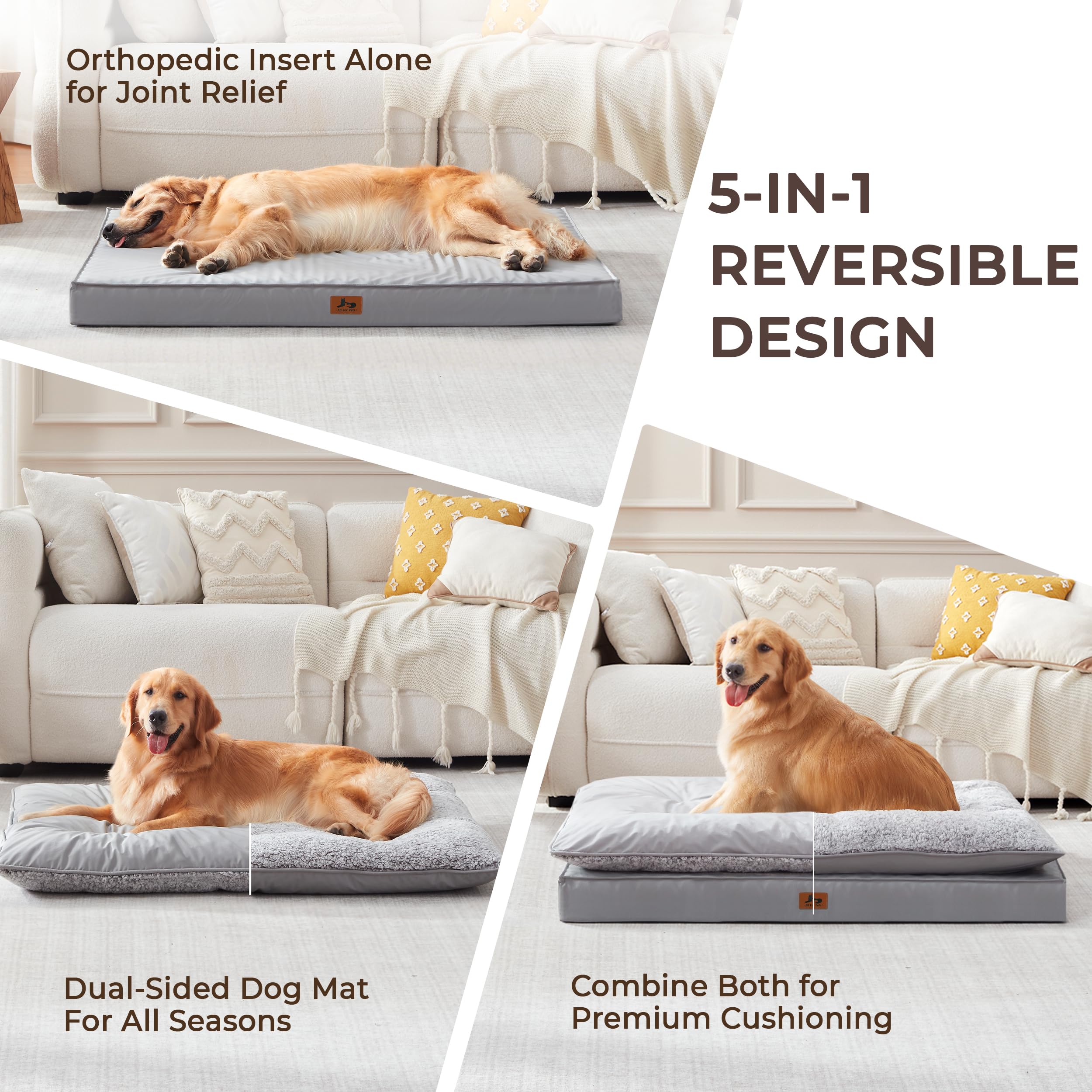 Warmrest 2-Pack Dog Bed Medium Size Dogs, Waterproof Orthopedic Dog Mattress for Large Dogs, Washable Dog Crate Bed with Removable Cover, Light Grey, 55"