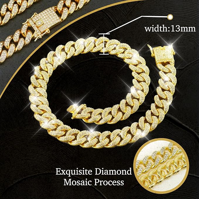 Dog Chain Designer Gold Crystal Pet Collar Cuban Link Chain with Secure Buckle Luxury Adjustable Necklacefor Small Medium Large Dogs Cats(Glod 18inch)