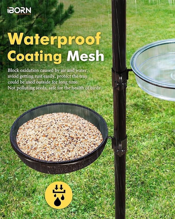 iBorn Bird Feeders Station Mesh Tray and Ring for 1” Pole Stand Station Outdoor Accessory for Humming Bird Feeders for Outside,5SECOND to Install,Fit for 1 Inch Pole,1 Inch Wooden Stick,Pack of 2