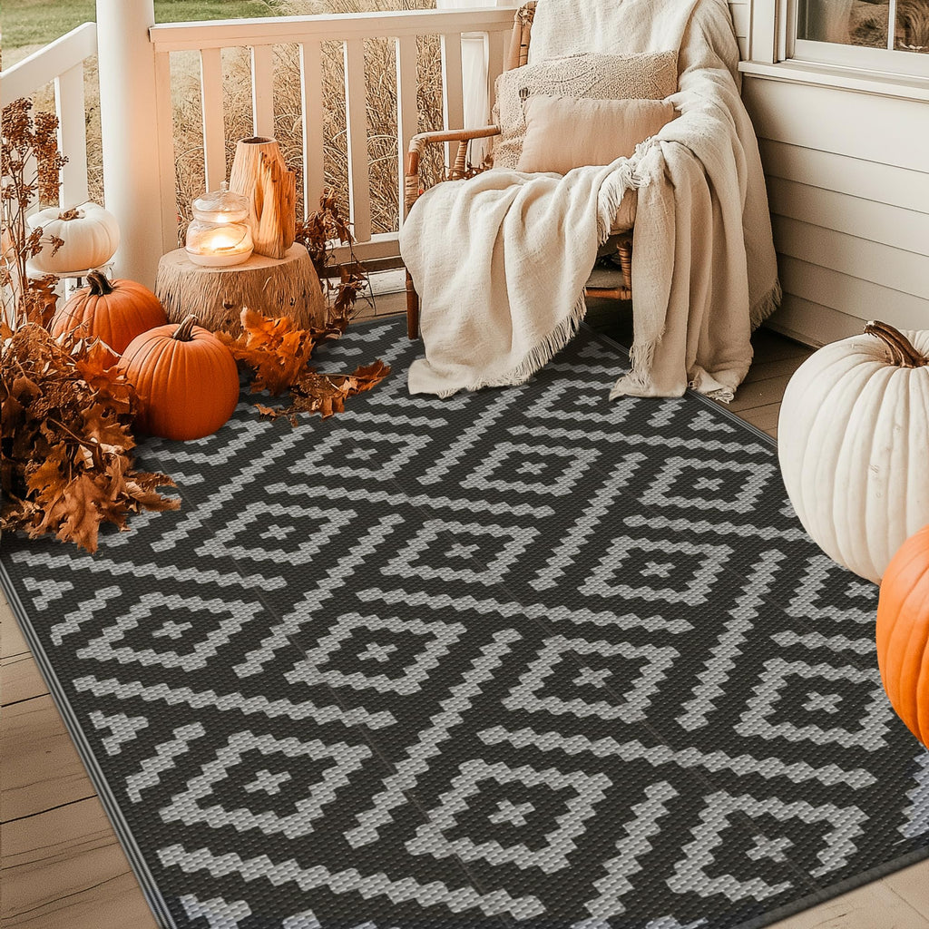 GENIMO Outdoor Rug 4x6 Waterproof, Reversible Mats, Outdoor Area Rug, Plastic Outside Carpet, Eeometric Rv Mat for Patio Camping Rv Picnic Backyard Deck Balcony Porch Beach (Black & Grey)