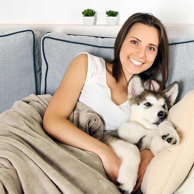 Waterproof Blanket for Pets - Reversible Throw Protects Couch, Car, and Bed from Spills, Stains, or Fur - Plush Blanket by Petmaker (Tan)