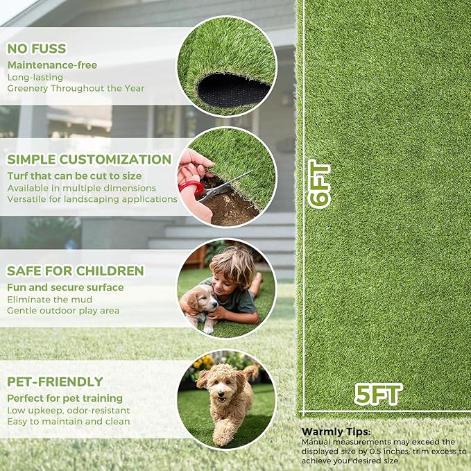 Artificial Grass Rug Indoor Outdoor, 5 x 6FT Faux Grass with Drainage Holes