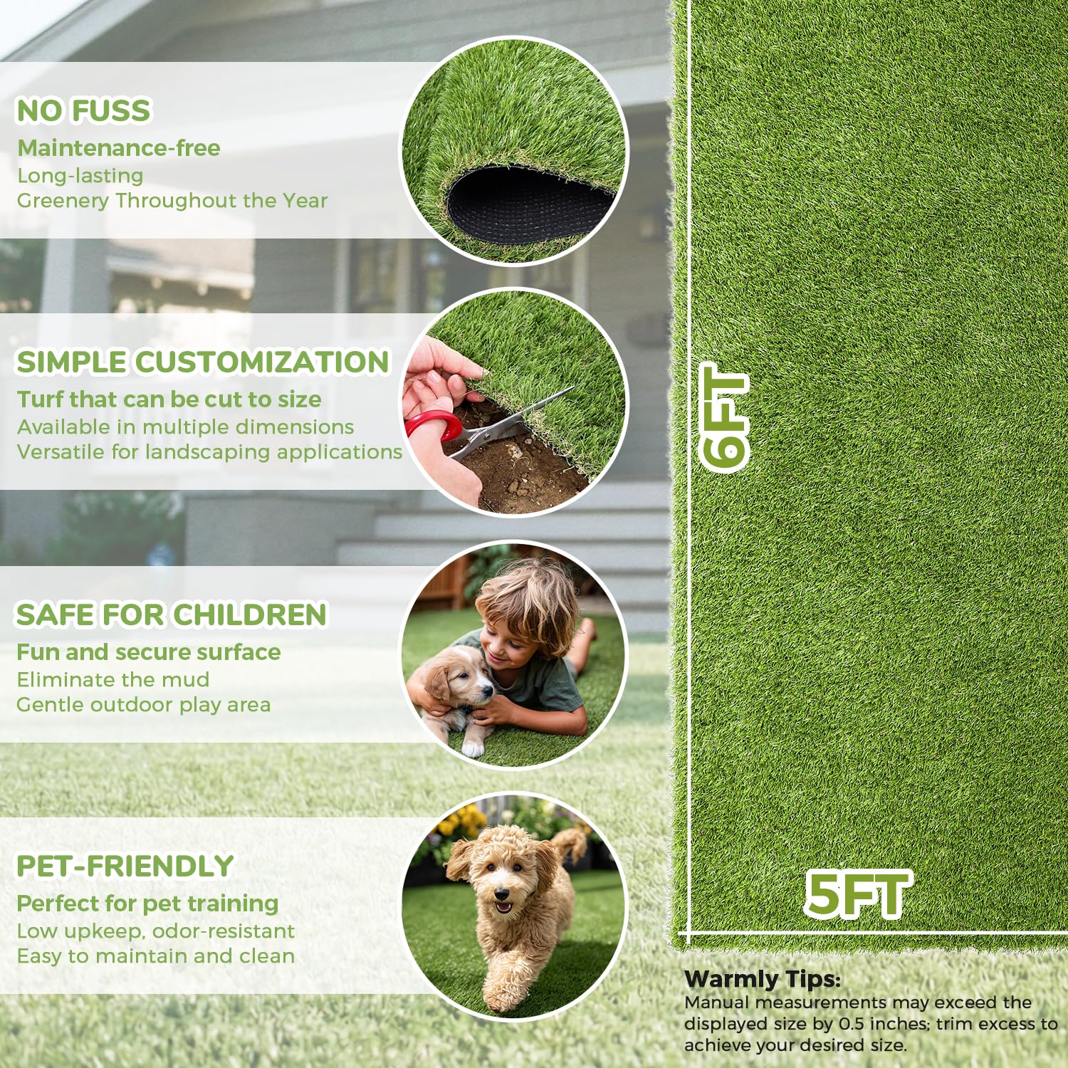 Artificial Grass Rug Indoor Outdoor, 5 x 6FT Faux Grass with Drainage Holes