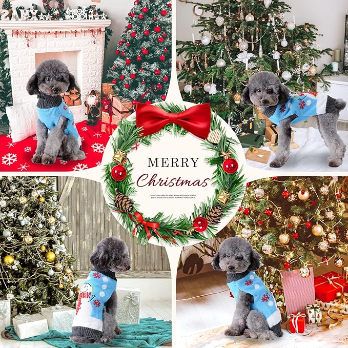 Pet Christmas Dog Sweaters Cute Animal Snowman Printed Puppy Xmas Costumes Winter Warm Turtleneck Jumpers Puppy Knitted Clothes Cat Outfits (XL, Blue Snowman)