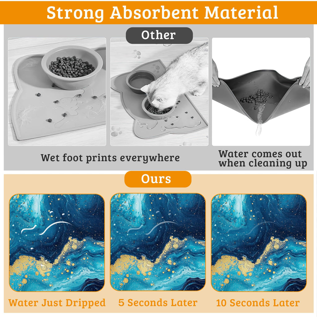Dog Bowl Mat,Blue Gold Marble Pet Feeding Mat for Floors Waterproof,Flowing Absorbent Dogs Placemat for Food and Water Quick Dry Pet Cat Feeding Mats with Non Slip Bottom 12" x 20"