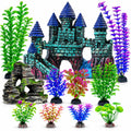 Mechpia 13 Pieces Aquarium Decorations Kit, Fish Tank Decorations Set Small Resin Castle and Rockery Betta Fish Cave Hideout Coral Artificial Plastic Plants Ornament Accessories