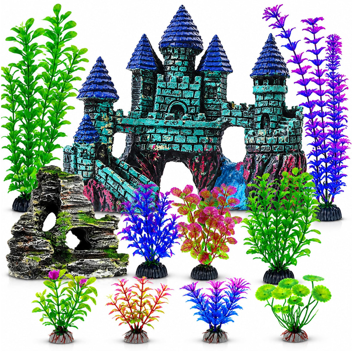 Mechpia 13 Pieces Aquarium Decorations Kit, Fish Tank Decorations Set Small Resin Castle and Rockery Betta Fish Cave Hideout Coral Artificial Plastic Plants Ornament Accessories