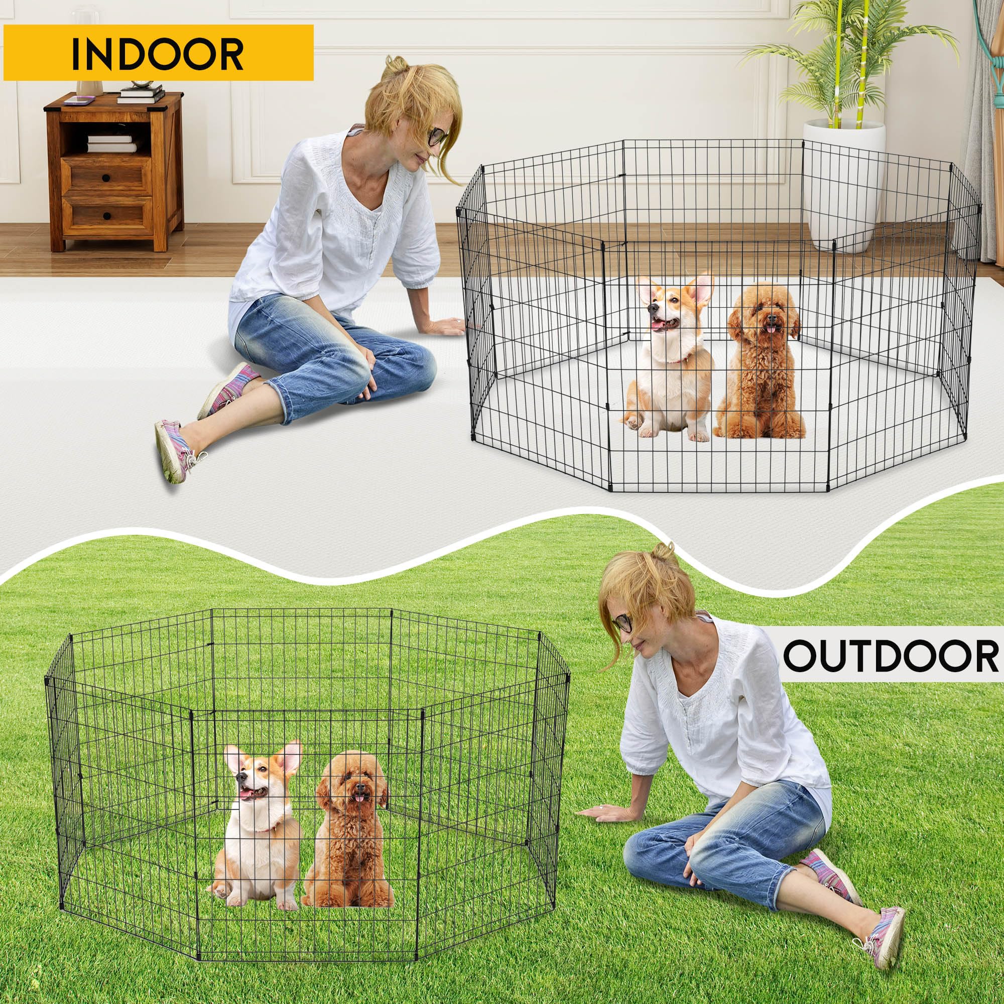FDW 30 Inch Dog Pen 8 Panel Dog Playpen Indoor Outdoor Metal Puppy Pet Fence Portable Folding Animal Exercise Fence,Black
