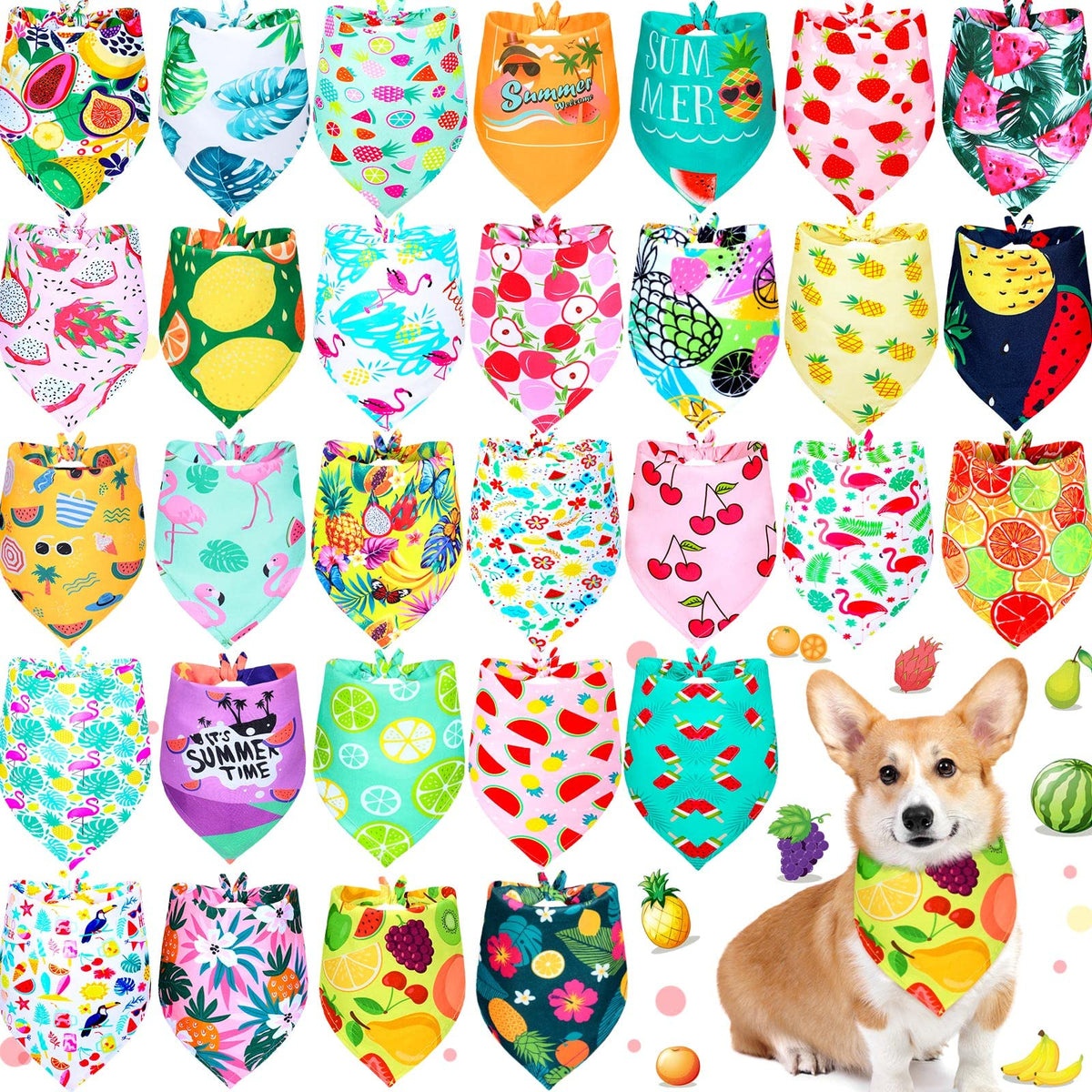 Eccliy 30 Pack Dog Bandanas Summer Bulk Adjustable Fruits XLarge Dog Scarfs