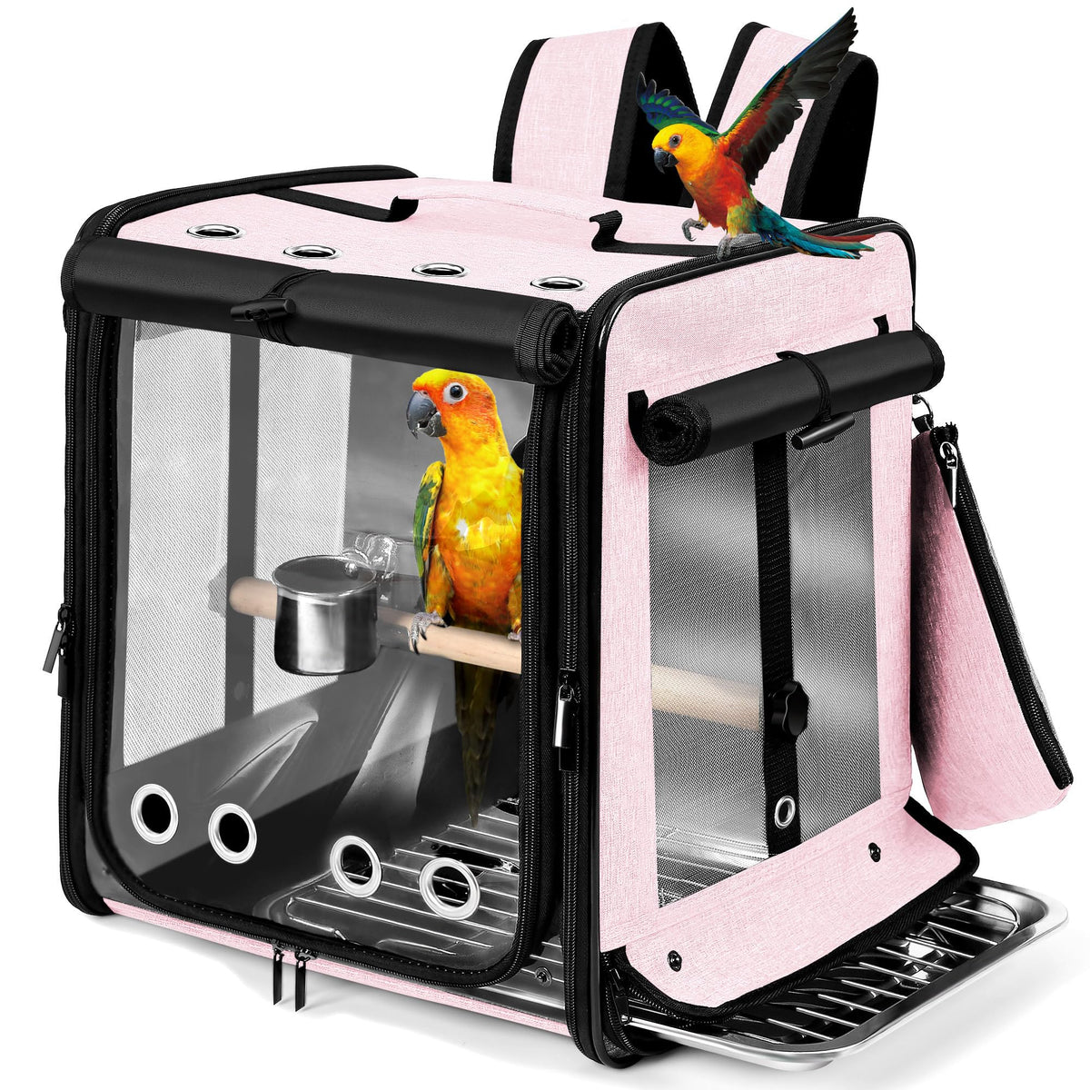 Suertree Bird Carrier with Seat Belt for Car Travel, Bird Backpack Carrier with Indestructible Stainless Steel Mesh, Large Bird Carrier Travel Cage, Grey