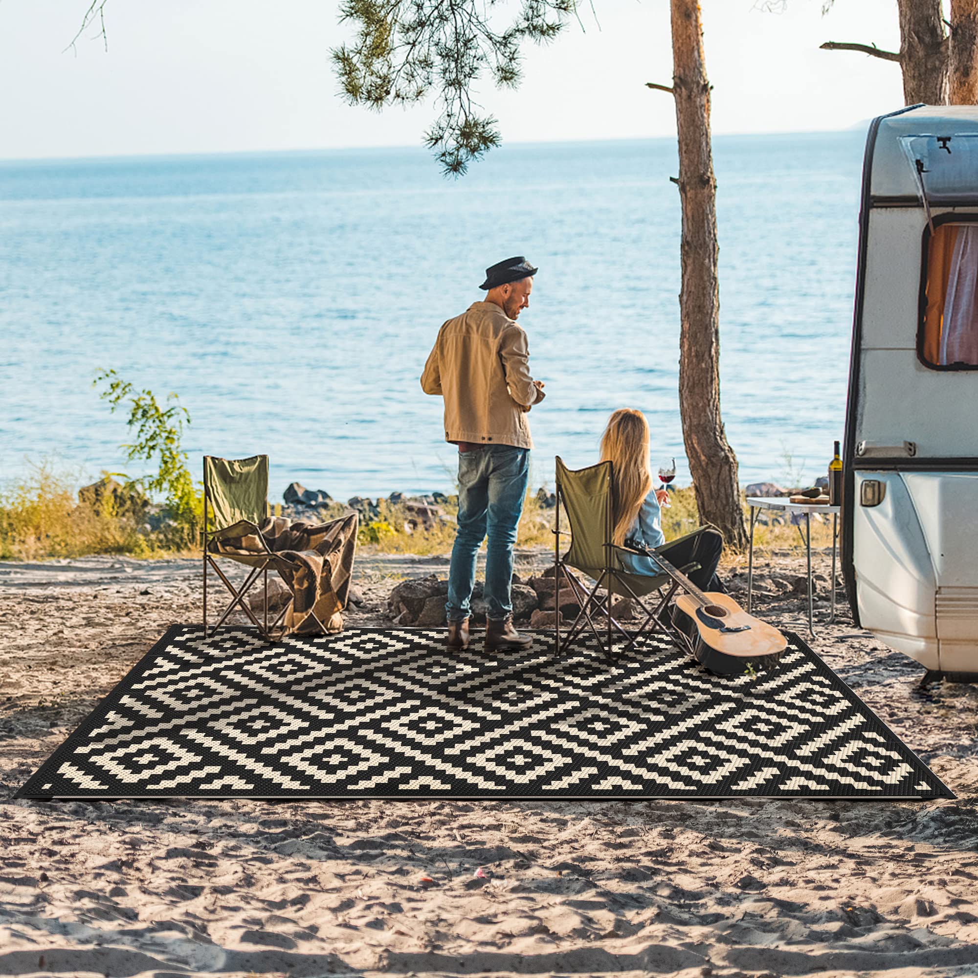 GENIMO Outdoor Rug, Waterproof Plastic Rugs for Patio, 8'x10' Black Beige