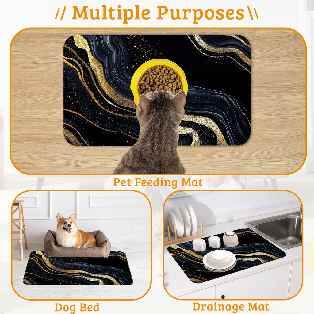 Dog Bowl Mat,Abstract Marbled Pet Feeding Mat for Floors Waterproof,Gold Black Absorbent Dogs Placemat for Food and Water Quick Dry Pet Cat Feeding Mats with Non Slip Bottom 16" x 24"