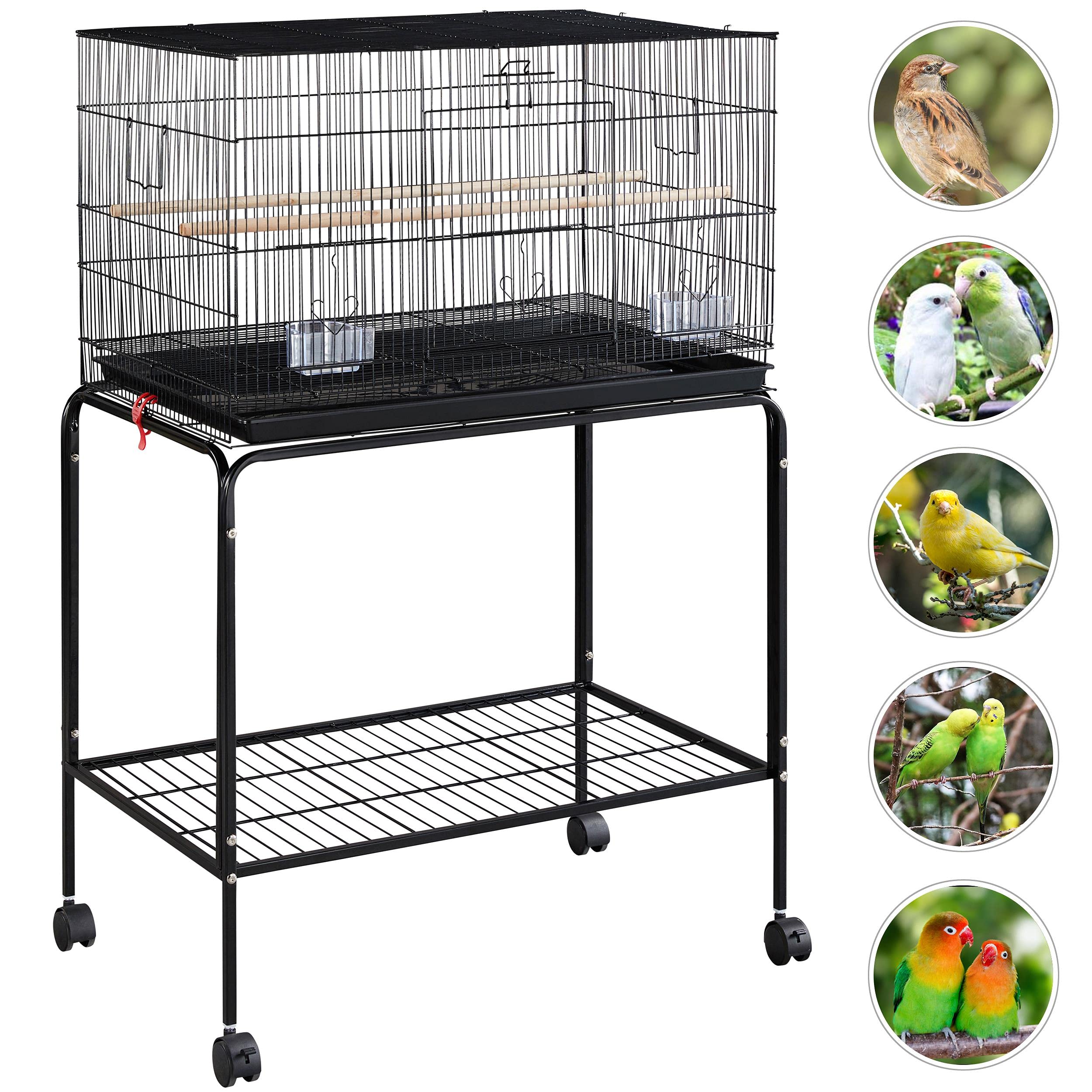 Yaheetech 47-inch Rolling Breeding Flight Bird Cages for Parakeets Budgies Finches Cockatiels Conures Lovebirds Canaries Parrots w/Detachable Stand, Black