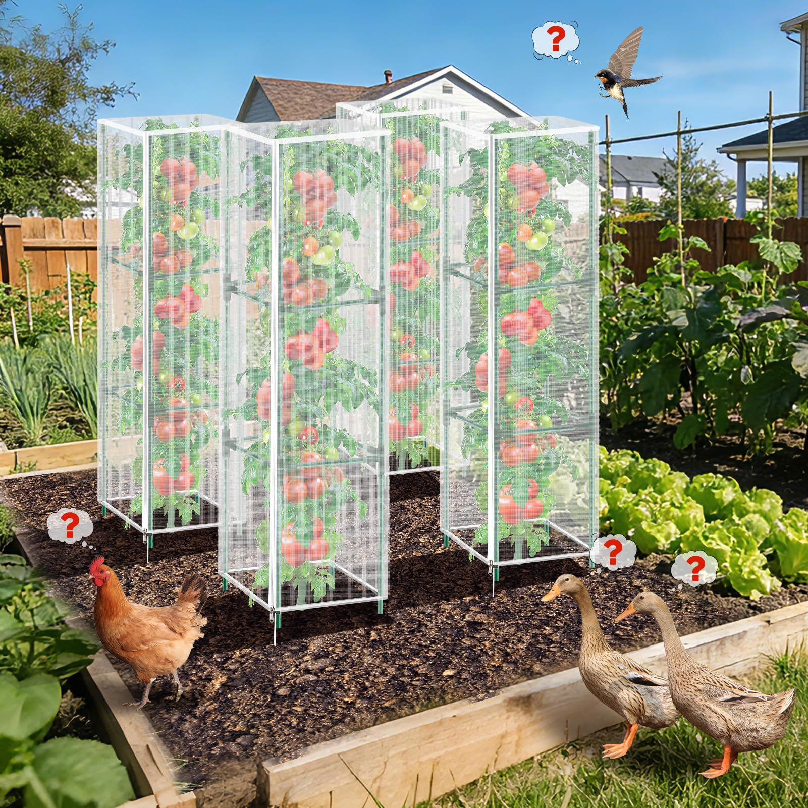 3 Pack Garden Bird Netting Plant Cover for Square Tomato Cage,14.6"x14.6"x51.2" Insect Bird Barrier Tomato Cage Net with Zipper Drawstring,Tomato Trellis Netting Protection Cover for Protecting Plants