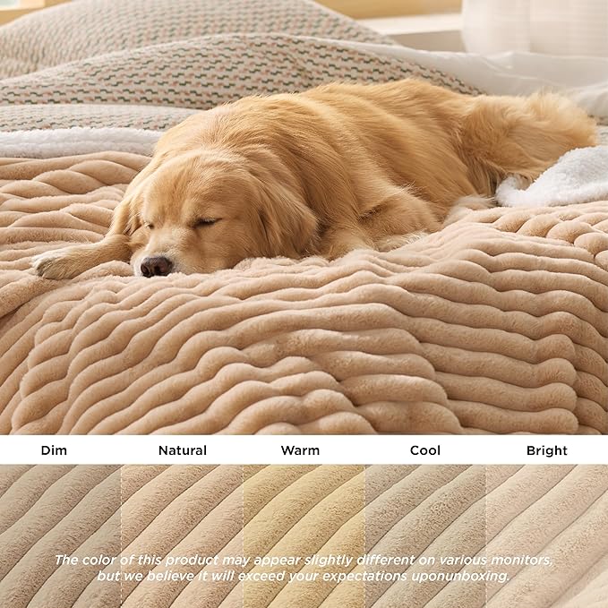 Bedsure ComfyFleece™ Waterproof Dog Blankets for Large Dogs - Soft Pet Cat Blanket Corduroy Fleece for Bed Protector Washable, Cozy Calming Reversible Furniture Protection,60"x80", Tuscan Beige