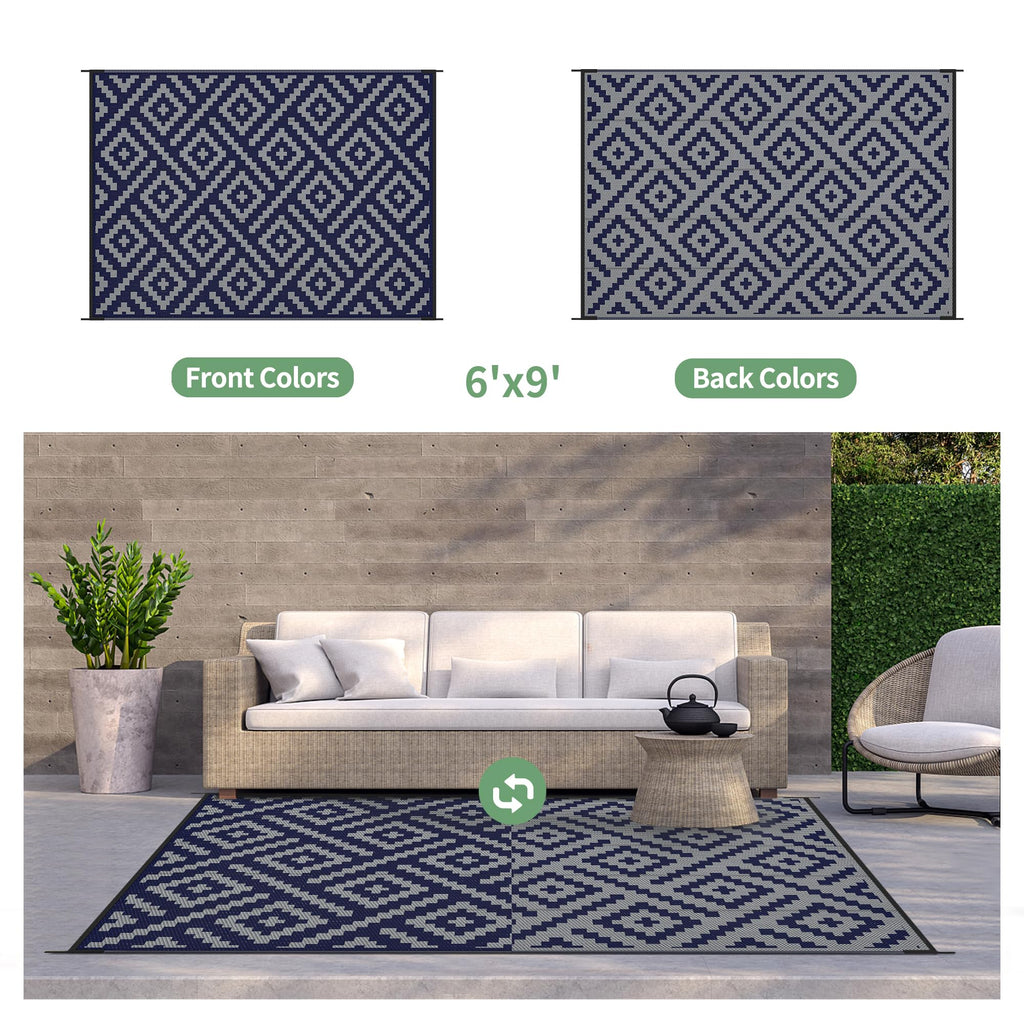 GENIMO Outdoor Rug, Waterproof Plastic Rugs for Patio, 6'x9' Blue Grey