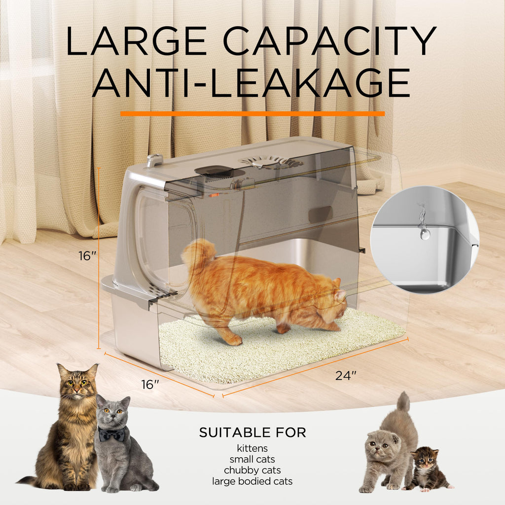 Anywish Stainless Steel Cat Litter Box with Lid, XL Extra Large Enclosed Removable Metal Litter Box with Litter Scoop&Double Layer Litter Mat, Non-Sticky, Non-Odor, for Big Cats Dark Grey