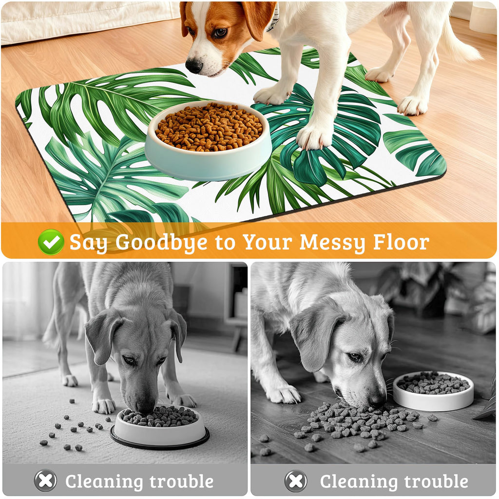 Dog Bowl Mat,Leaves Pet Feeding Mat for Floors Waterproof,Tropical Palm Absorbent Dogs Placemat for Food and Water Quick Dry Pet Cat Feeding Mats with Non Slip Bottom 16" x 24"