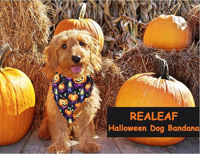 Realeaf Halloween Dog Bandanas 2 Pack, Pumpkins and Ghosts Pet Scarf for Boy and Girl, Premium Durable Fabric, Holiday Bandana for Large and X-Large Dogs Pets (X-Large)