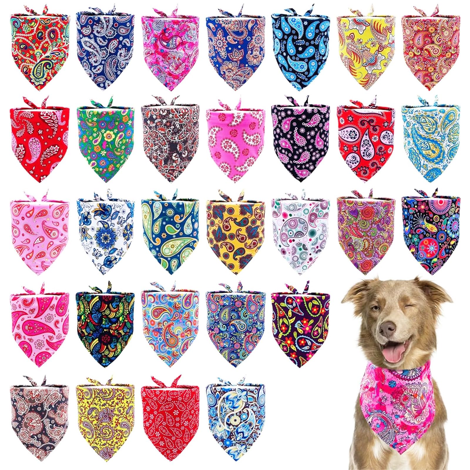 Pai Sence Paisley Dog Bandanas Bulk for Large Dogs Sewn Edges 33" 30 Pack L