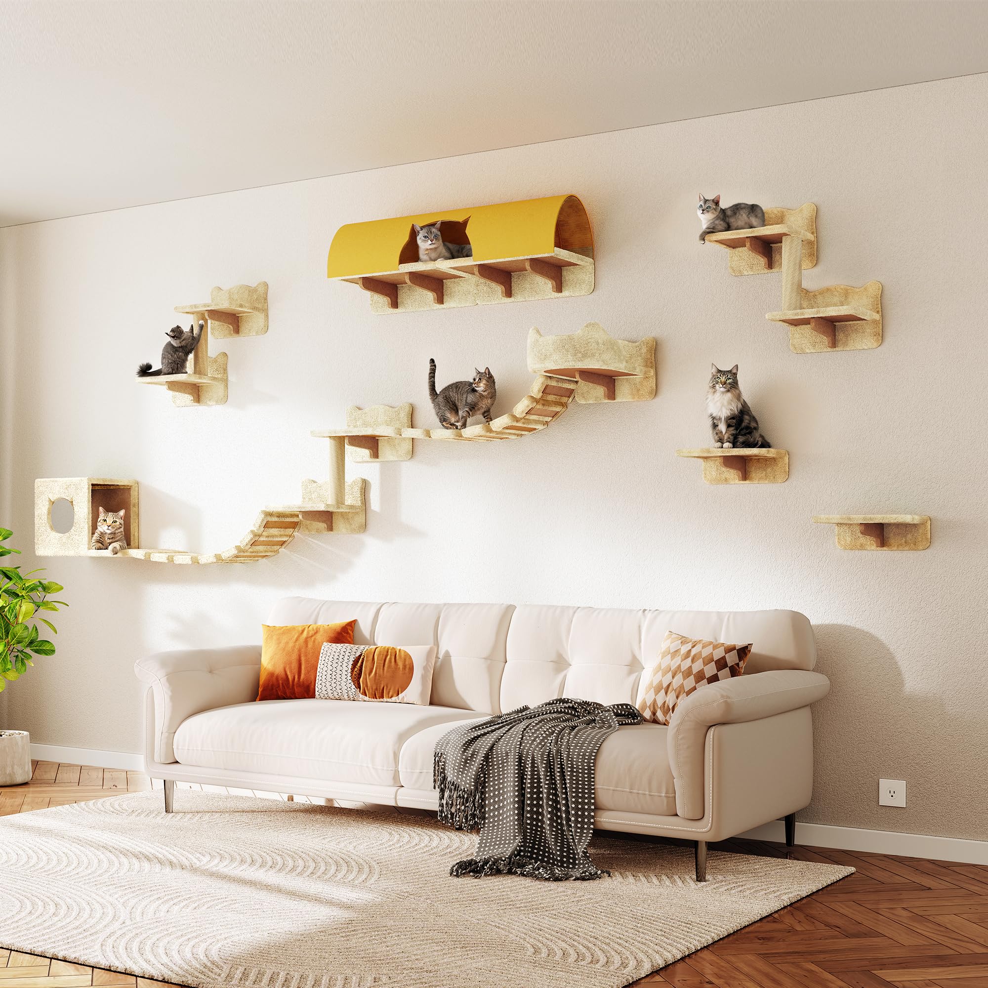 Homiflex 16-in-1 Cat Wall Shelves, Cat Furniture w/Tunnel & Bridge, Beige