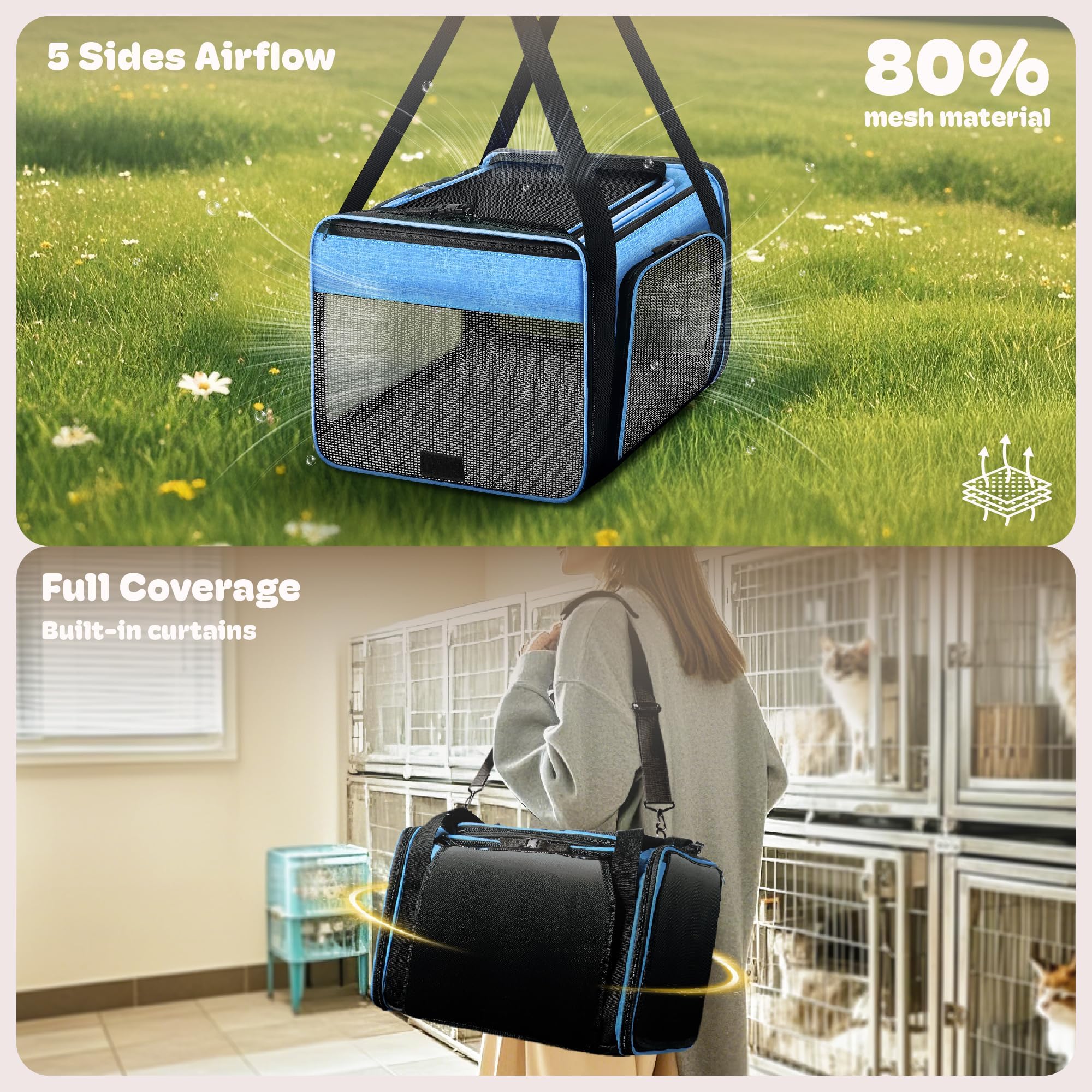 Top and 2 Sides Expandable Cat Carrier 18x11x11 TSA Airline Approved