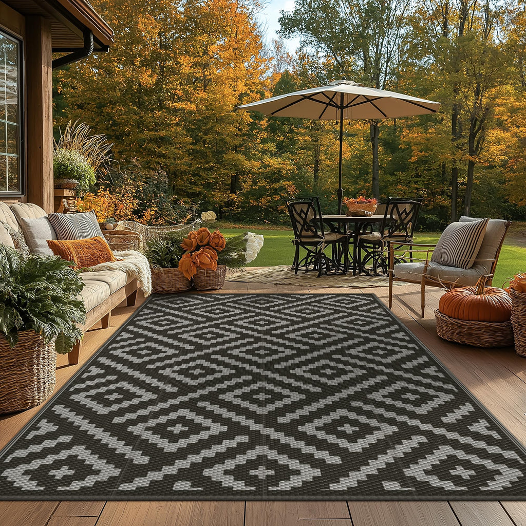 GENIMO Outdoor Rug 4x6 Waterproof, Reversible Mats, Outdoor Area Rug, Plastic Outside Carpet, Eeometric Rv Mat for Patio Camping Rv Picnic Backyard Deck Balcony Porch Beach (Black & Grey)