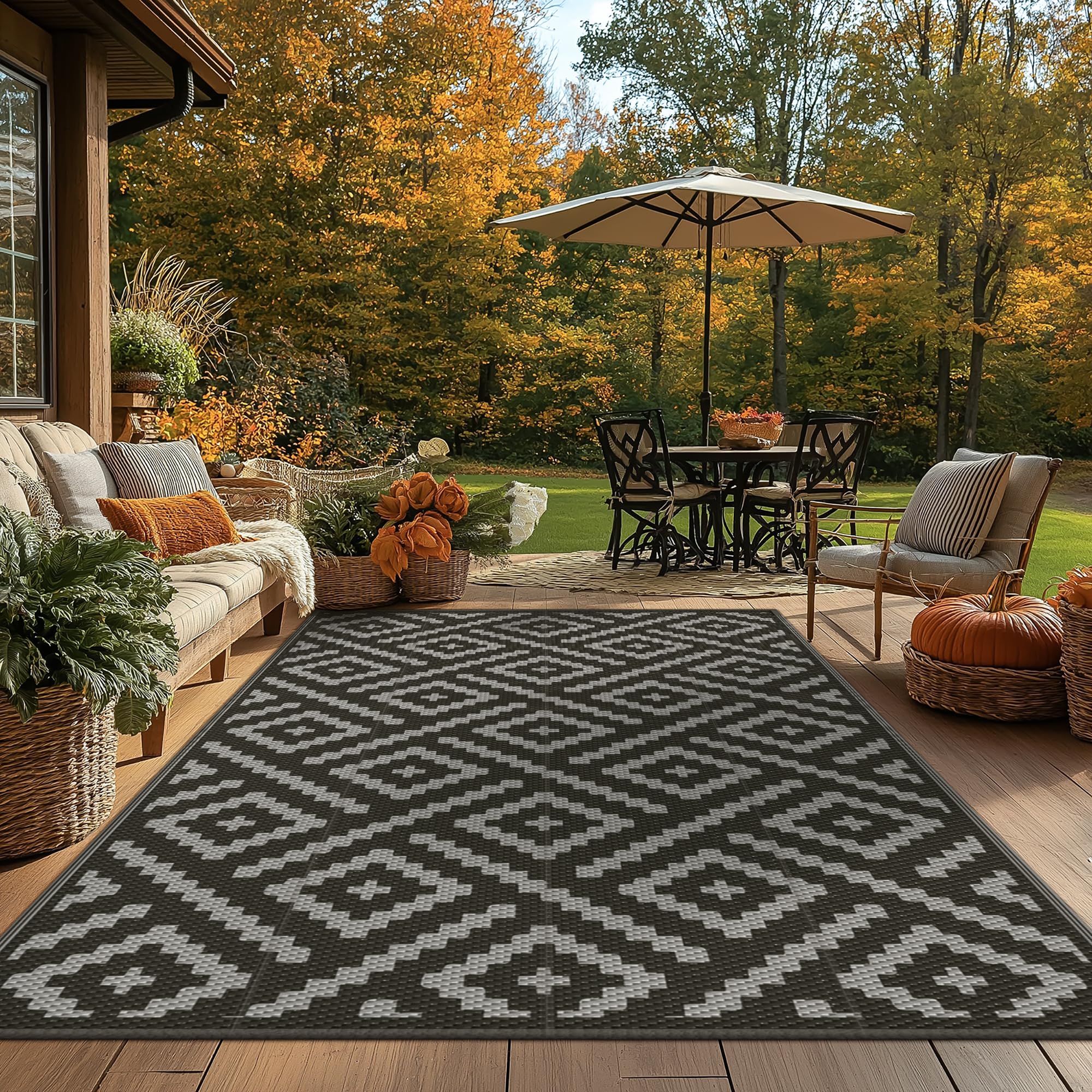 GENIMO Outdoor Rug 4x6 Waterproof, Reversible Mats, Outdoor Area Rug, Plastic Outside Carpet, Eeometric Rv Mat for Patio Camping Rv Picnic Backyard Deck Balcony Porch Beach (Black & Grey)