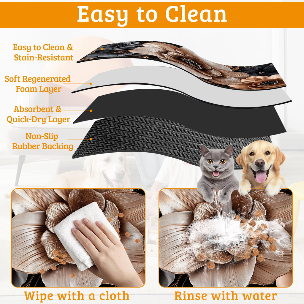 Black Brown Flower Feeding Mat,Artistic Absorbent Quick-Dry Cat Dog Food and Water Bowl Mats,Non-Slip Rubber Backing Mat,Cat Dog Accessories Supplies 12" x 20"