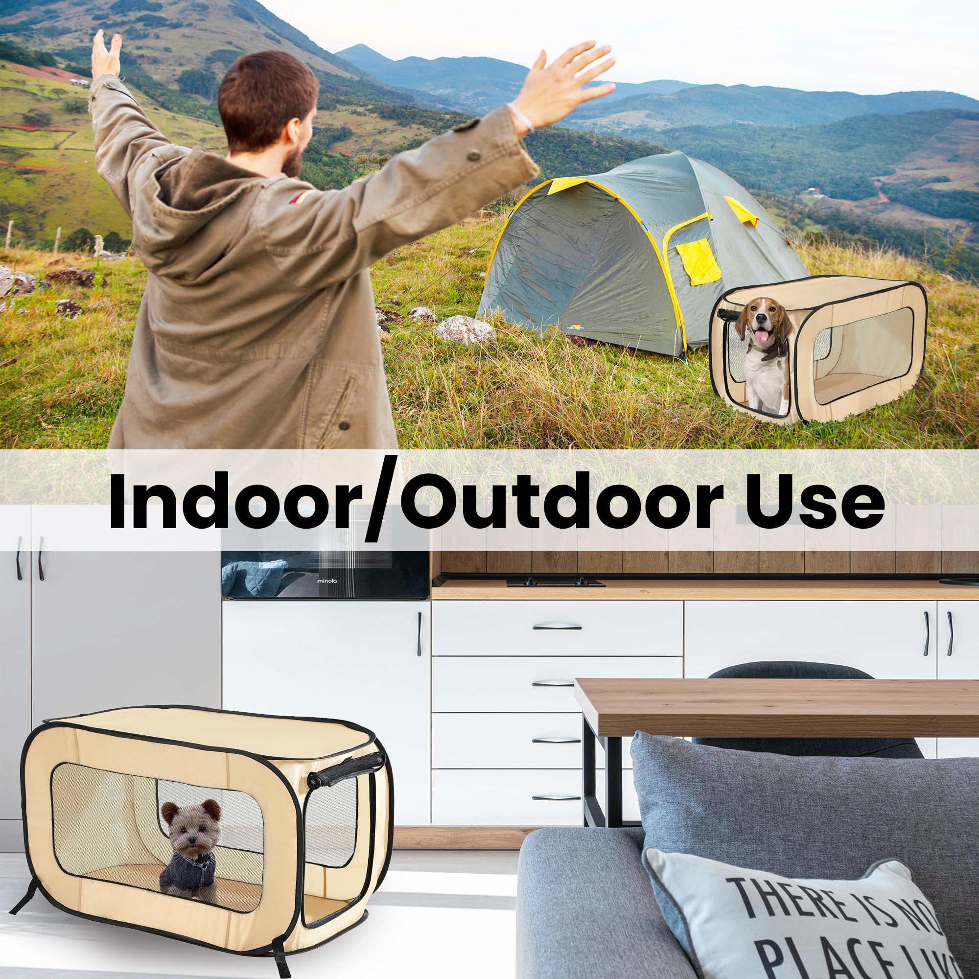 Portable Collapsible Pop Up Kennel, 36" L x 22" W x 22" H, Beige