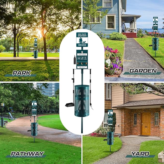 Qinyoung Dog Waste Station Outdoor Dog Poop Trash Can with Poop Bag Dispenser Shovel Dustpan Hand Sanitizer Bottle Rust Proof Bin Pet Waste Disposal System for Business Parks Backyards Trails
