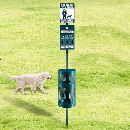 Qinyoung Dog Waste Station Galvanized Steel Outdoor Pet Bin with Poop Bag Dispenser Reflective Sign Rust Proof for Backyard Commercial Park(Green)