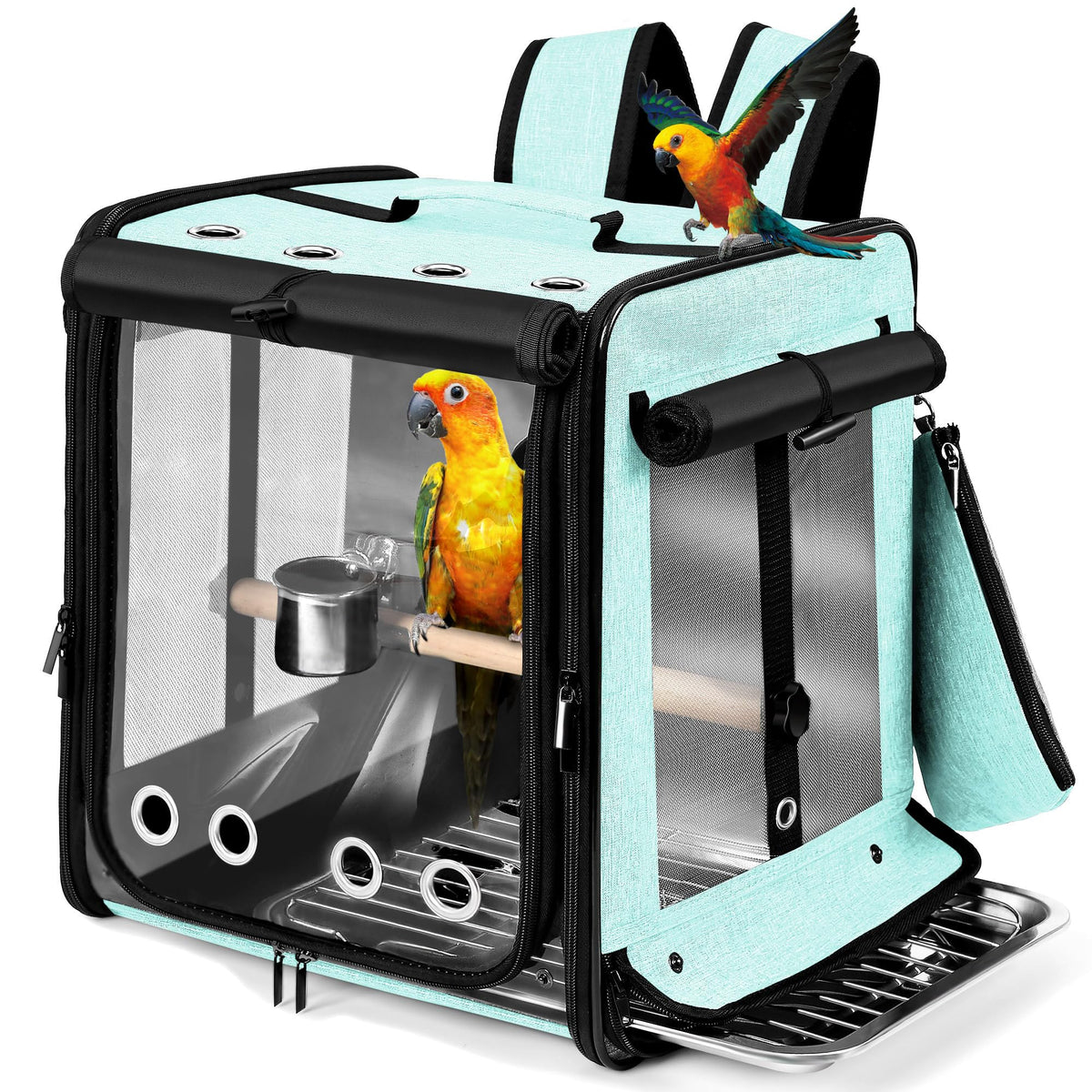 Suertree Bird Carrier with Seat Belt for Car Travel, Bird Backpack Carrier with Indestructible Stainless Steel Mesh, Large Bird Carrier Travel Cage, Grey
