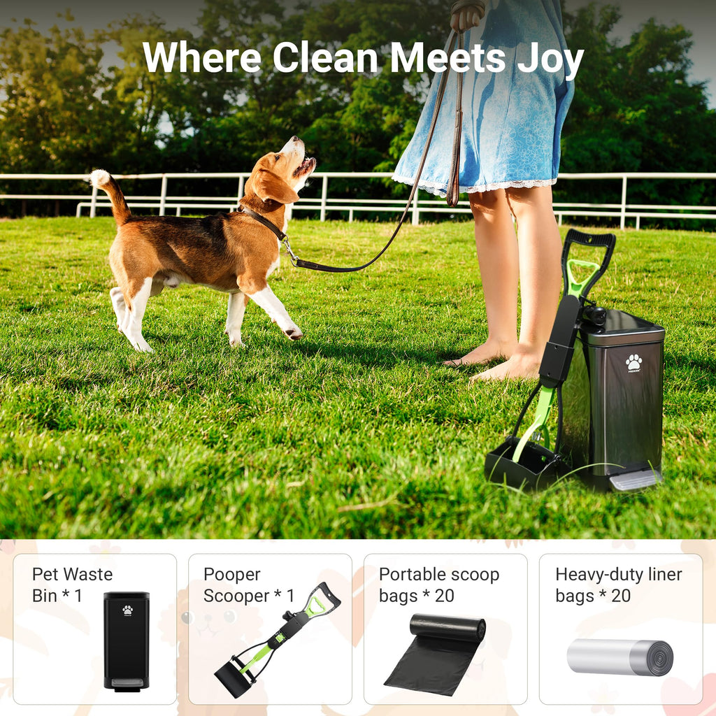 Dog Poop Trash Can with Scooper, 12L Outdoor Metal Waste Bin for Yard